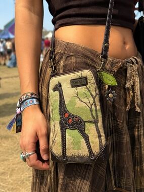 Chala Giraffe Cell Phone Crossbody Purse Canvas Brown Green Bohemian
